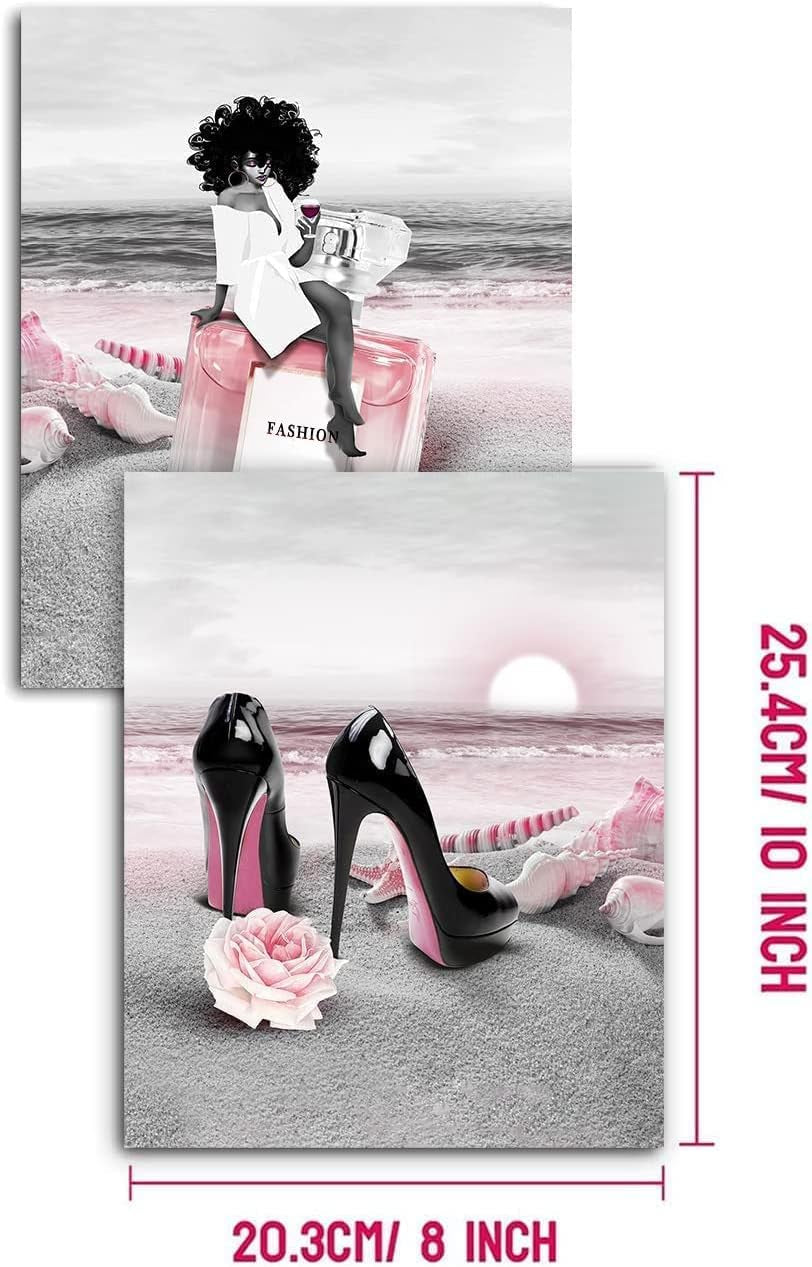 African American Wall Art Black Girl on the Beach Pink Flowers, Perfume Handbags High Heels Modern Black and White Canvas Prints Framed Wall Decor for Girls Bedroom, Set of 4. 8X10In UNFRAMED