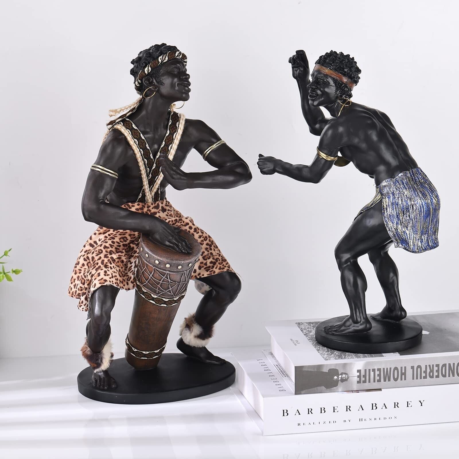 14.9"H Large African Art Figurines, African Warrior Figurine Beat a Drum, Res...