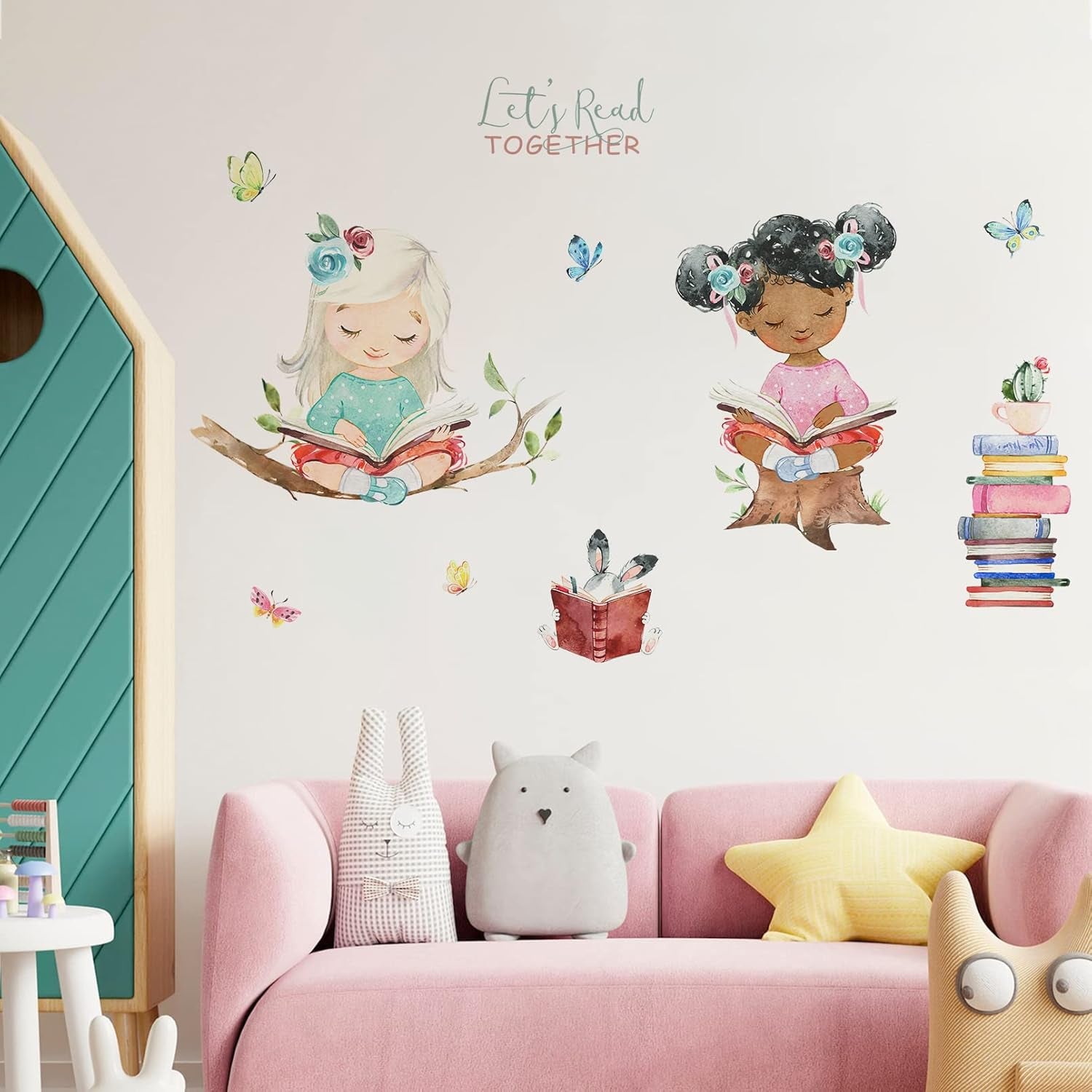 Let S Read Girls Bedroom Wall Decals Stickers, Reading Theme Study Room Nursery Classroom Decor, Butterfly Book Bunny Decorations Kids Playroom Preschool Daycare Art Gift