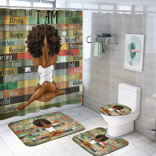 Black Girl with Yoga I Am Vintage Shower Curtains Set with Bath Rugs and Mats, Toilet Lid Cover and 12 Hooks,Afro Black Woman Meditation Bathroom Decor