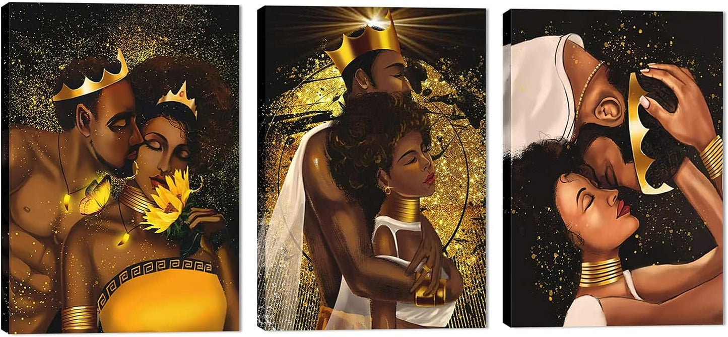 African American Wall Art-Black King and Queen Canvas Wall Art, Crown Black Couple Portrait Painting Gift for Bedroom Decor, Set of 3 King & Queen Love Artwork Framed for Home Wall Decor (36” Wx18” H)