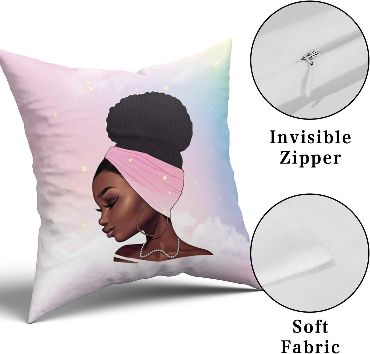 2 African Girl Theme Print Square Throw Pillow Covers Cotton Home Decorative Cushion Case for Bed Office Car 18 X 18 Inches, Black Art African American Traditional Women