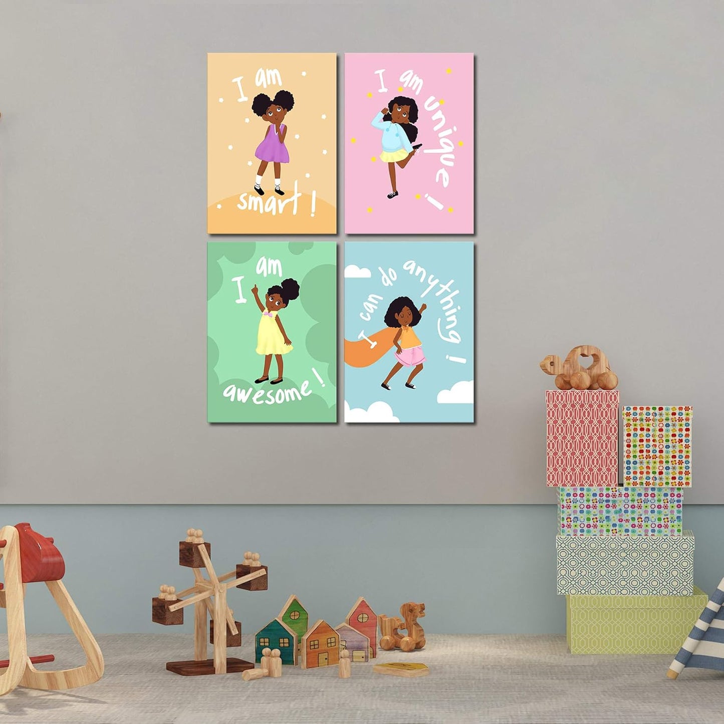 Girls Room Decor Wall Art Decoration for Girls Bedroom Motivational Black Girl Canvas Prints African American Canvas Art with Inspirational Words Gift Idea for Little Girls Framed Canvas Set of 4