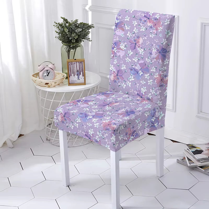 Stretch Chair Cover for Kitchen Chairs Protector Beautiful Purple Flowers Washable Elastic Armless Seat Covers Universal Sizes