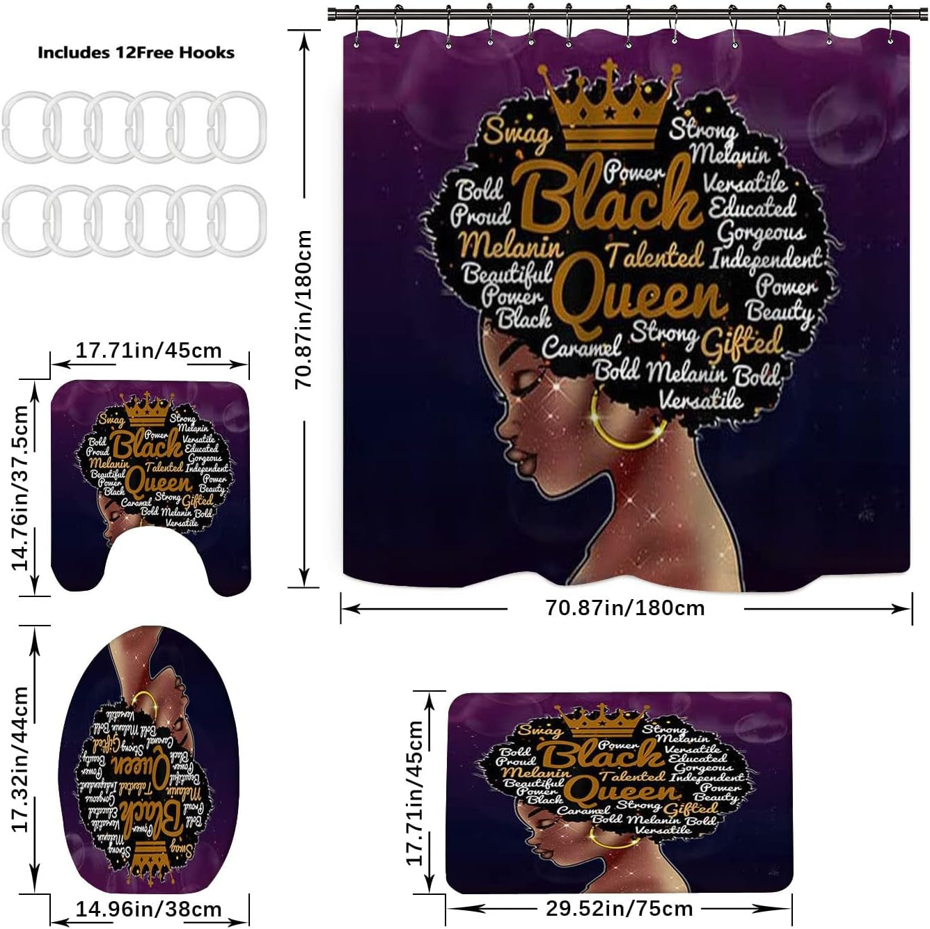 Black Queen Shower Curtain Sets with Rugs for Bathroom Durable African American Waterproof Curtains and Hooks Girl Bath Curtian Toilet Lid Cover Mat