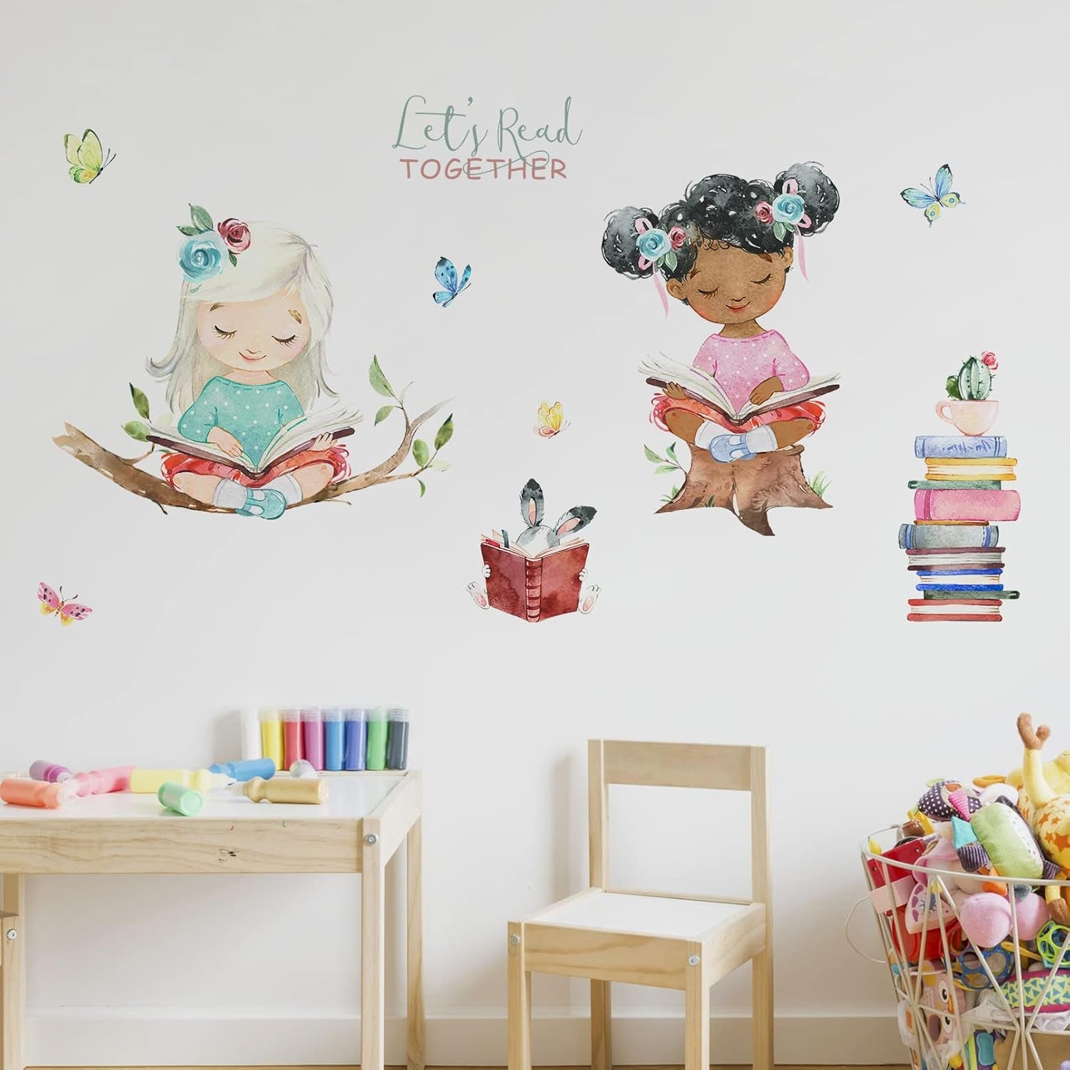 Let S Read Girls Bedroom Wall Decals Stickers, Reading Theme Study Room Nursery Classroom Decor, Butterfly Book Bunny Decorations Kids Playroom Preschool Daycare Art Gift