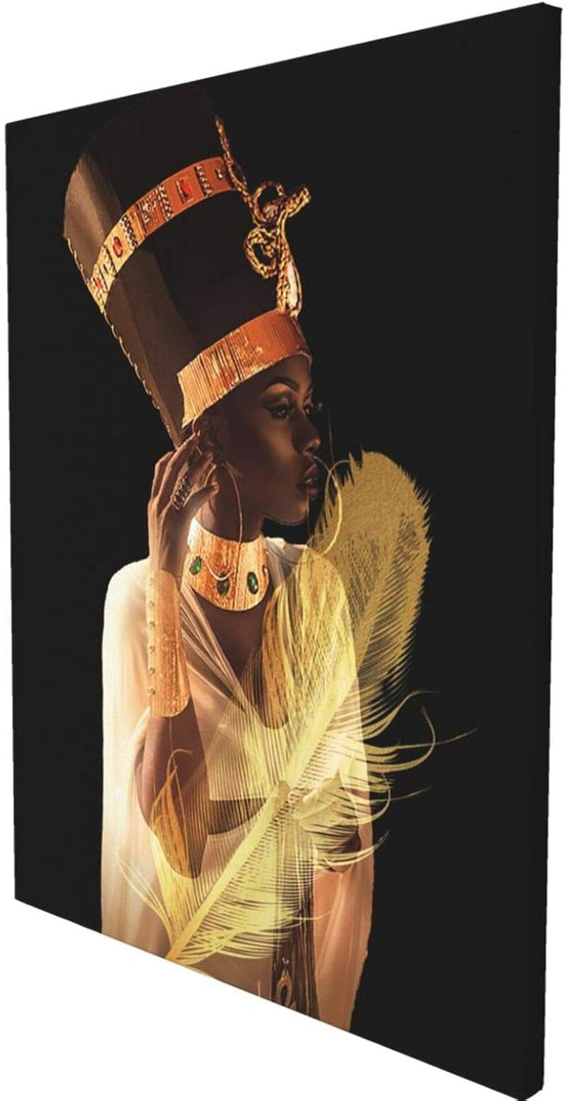 African American Wall Art, Canvas Painting Black and Golden Woman Portrait Abstract Gold Earrings Necklace Poster Artwork Modern Home Decorations Framed, 16X20Inch