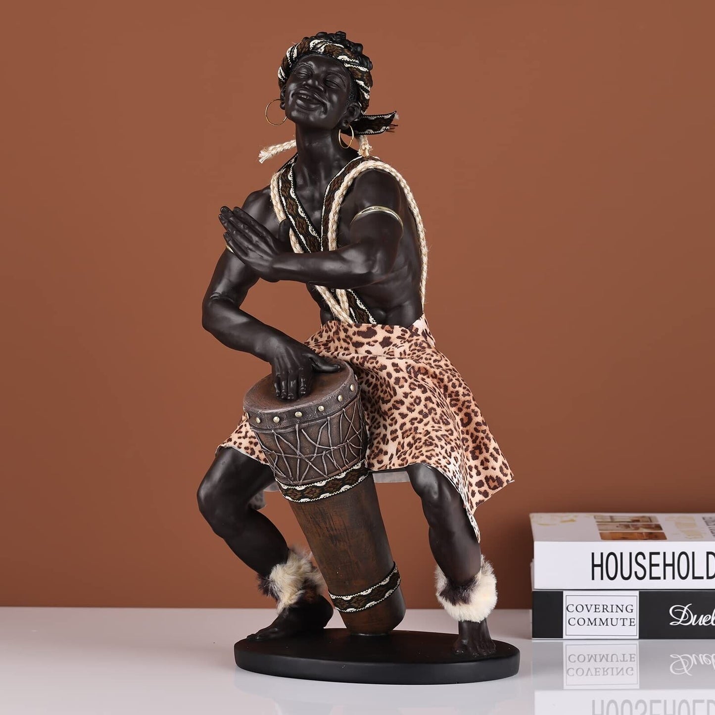 14.9"H Large African Art Figurines, African Warrior Figurine Beat a Drum, Res...