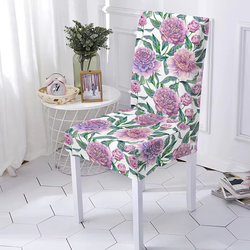 Stretch Chair Cover for Kitchen Chairs Protector Beautiful Purple Flowers Washable Elastic Armless Seat Covers Universal Sizes