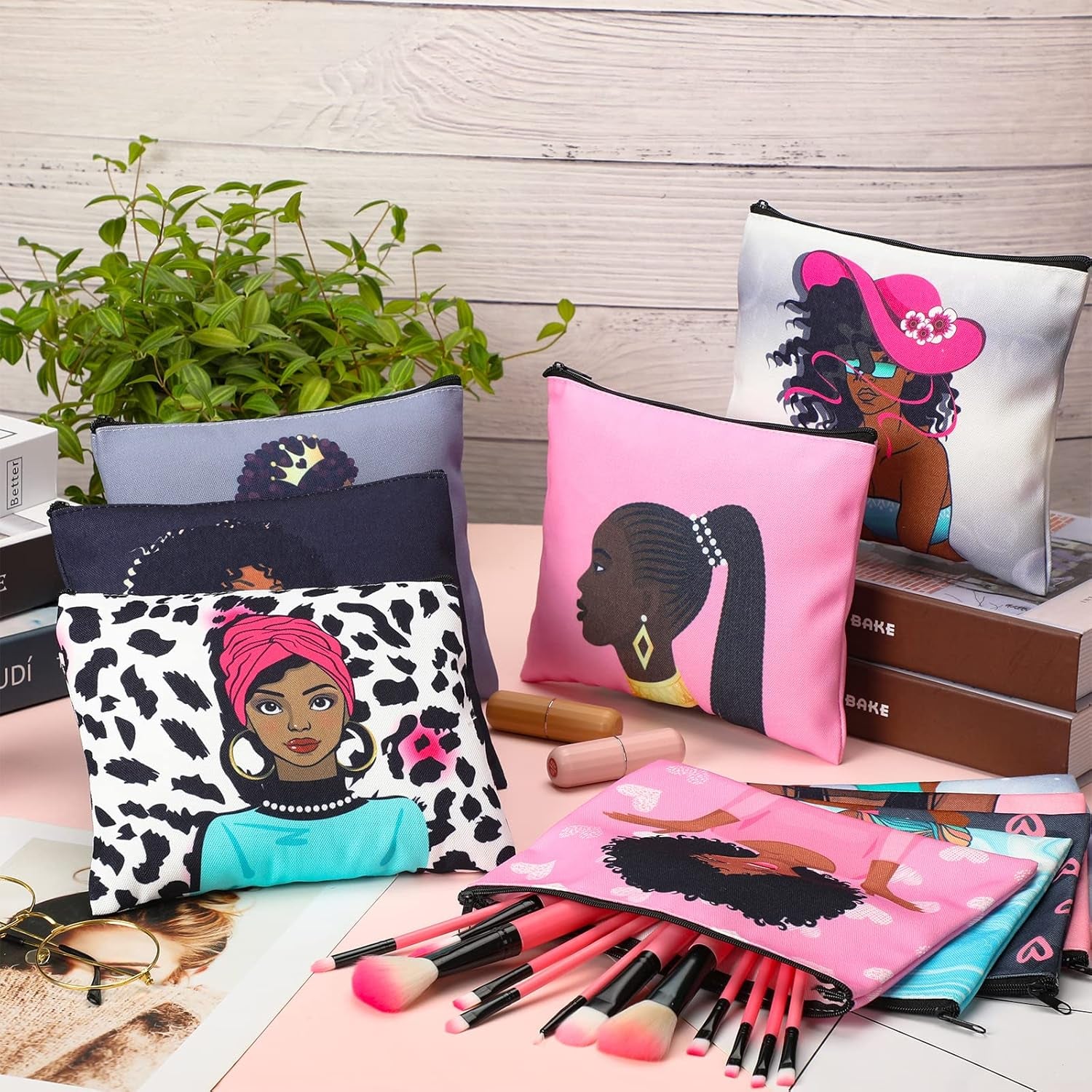 20 Pieces African American Cosmetic Bags Black Women Makeup Bags Afro Queen Canvas Makeup Bags Zipper Pouches for Women Melanin Art Toiletry Purse Travel Accessories Inspirational Gift