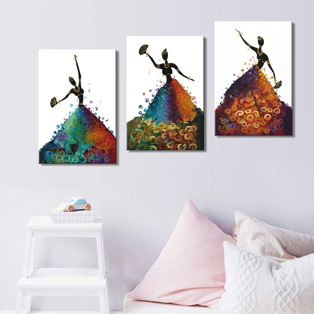 Wall Art for Kitchen Bathroom Black Art Framed African American Dancing Black Women in Dress Abstract Wall Art Pop Painting for Home Decorations 3 Panels