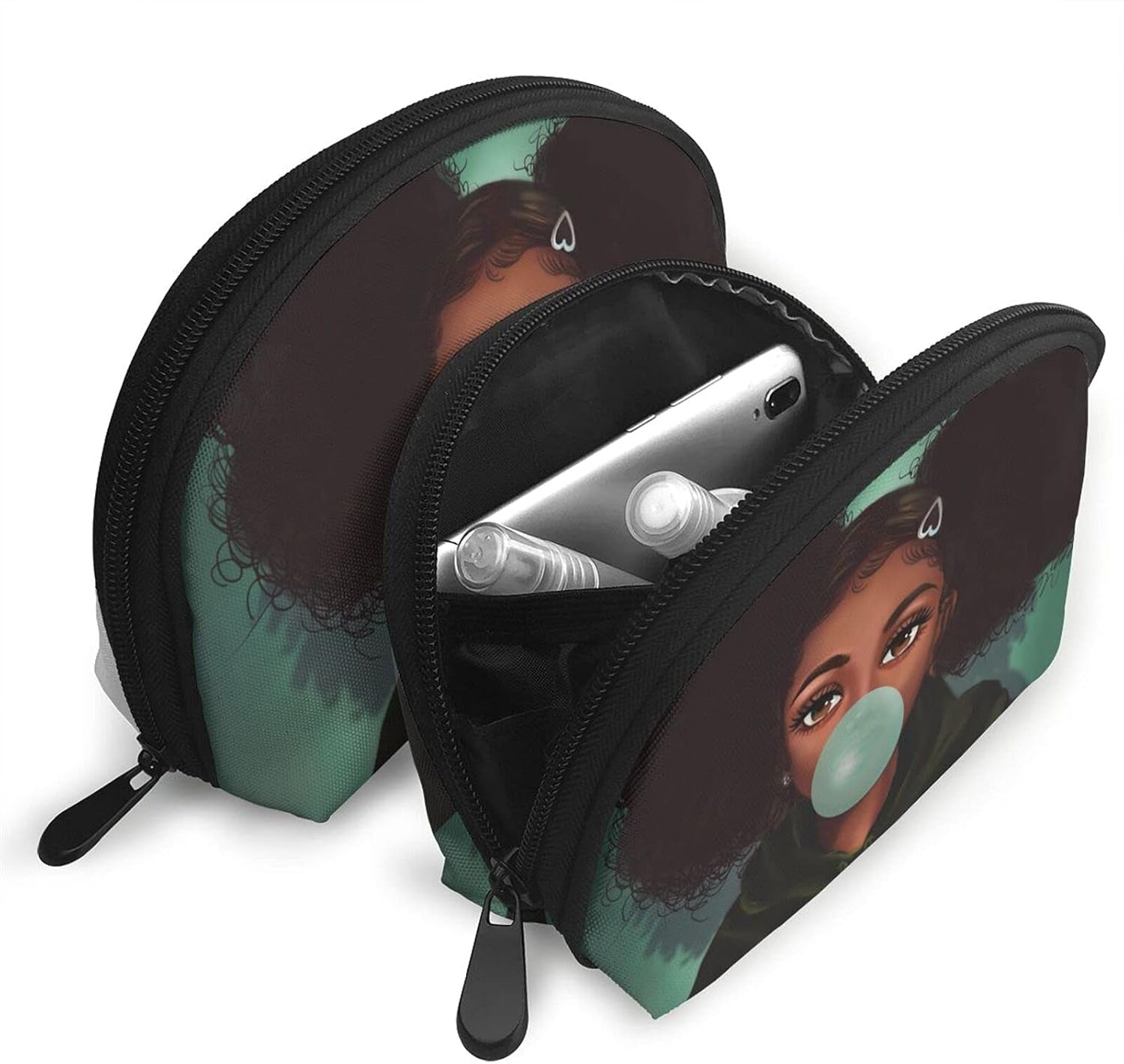 Black Girl 2 Pcs Cosmetic Bags Travel Makeup Bag Portable Clutch Pouch Set African American Art Women Handbag with Zipper Shell Toiletry Storage for Women Waterproof