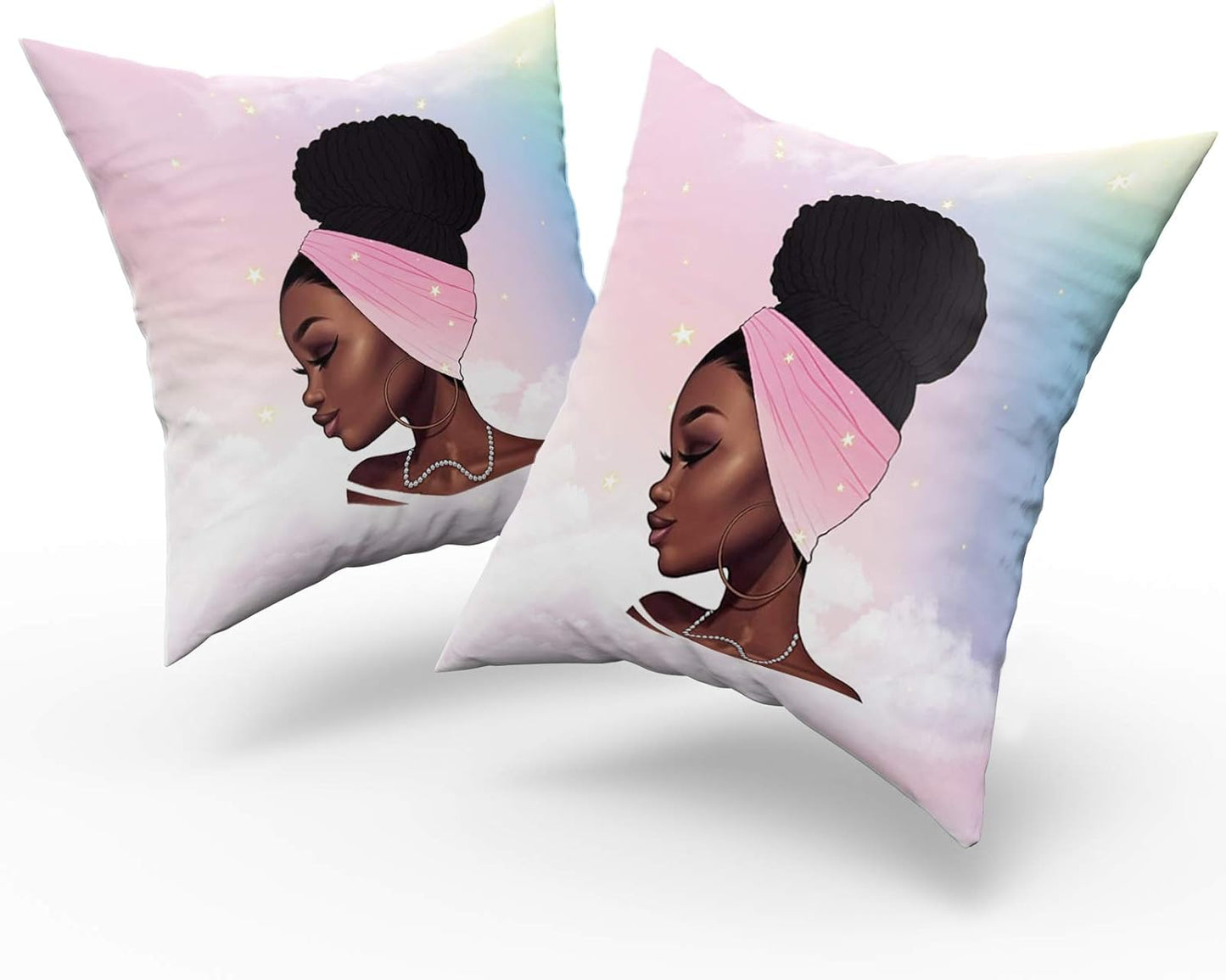 2 African Girl Theme Print Square Throw Pillow Covers Cotton Home Decorative Cushion Case for Bed Office Car 18 X 18 Inches, Black Art African American Traditional Women