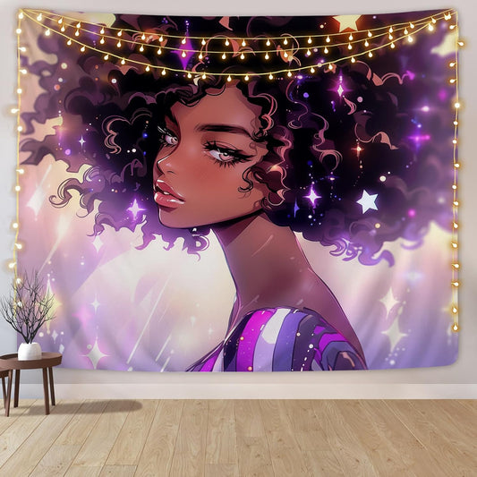 Black Women Wall Tapestry Beautiful African American Women Lady Tapestries Hippie Afro Black Art Wall Hanging 50X60 Inches for Bedroom Living Room Dorm Room, Brown Pink Purple