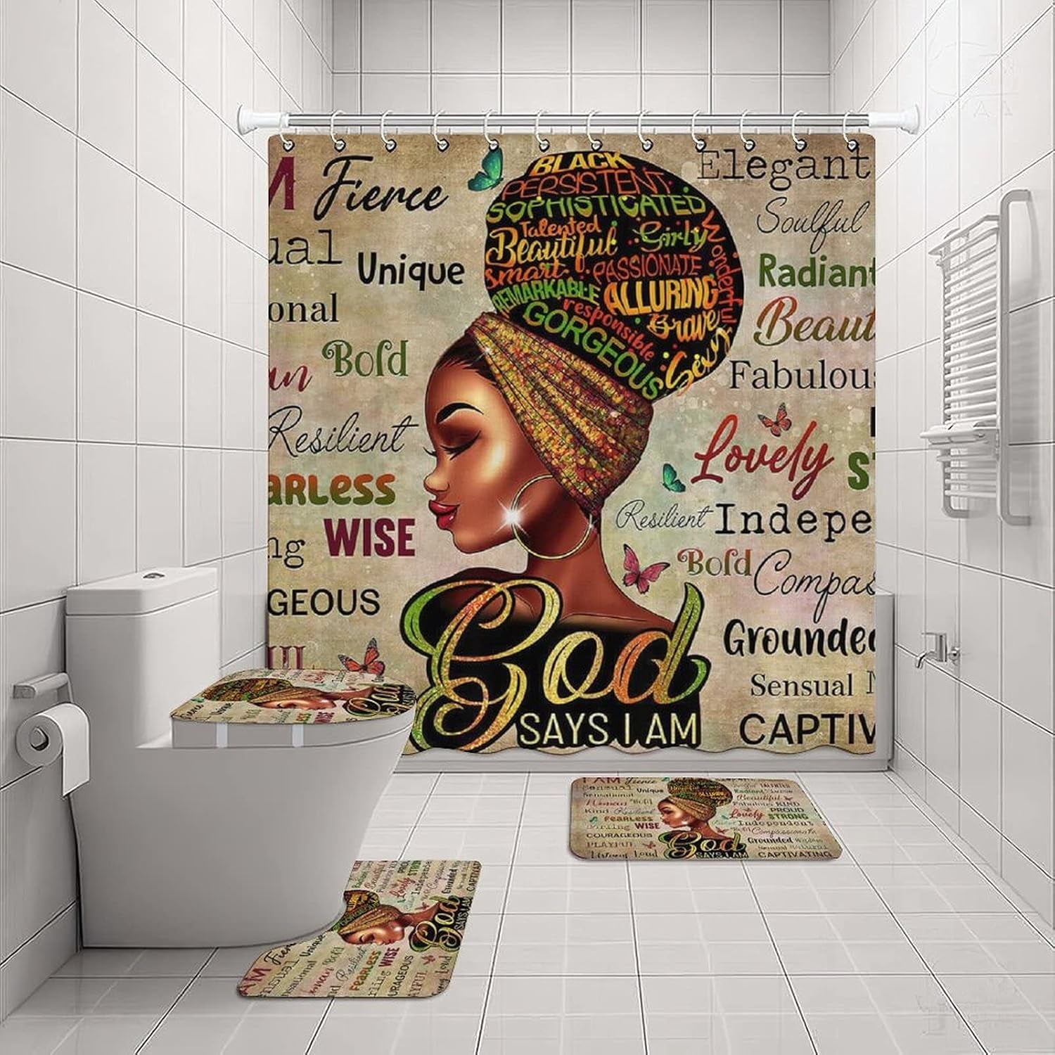 Black Queen God Says I Am Shower Curtains Bathroom Sets with Non-Slip Rugs,Toilet Lid Cover and Bath Mat,Afro Girl Magic Shower Curtain with 12 Hooks…