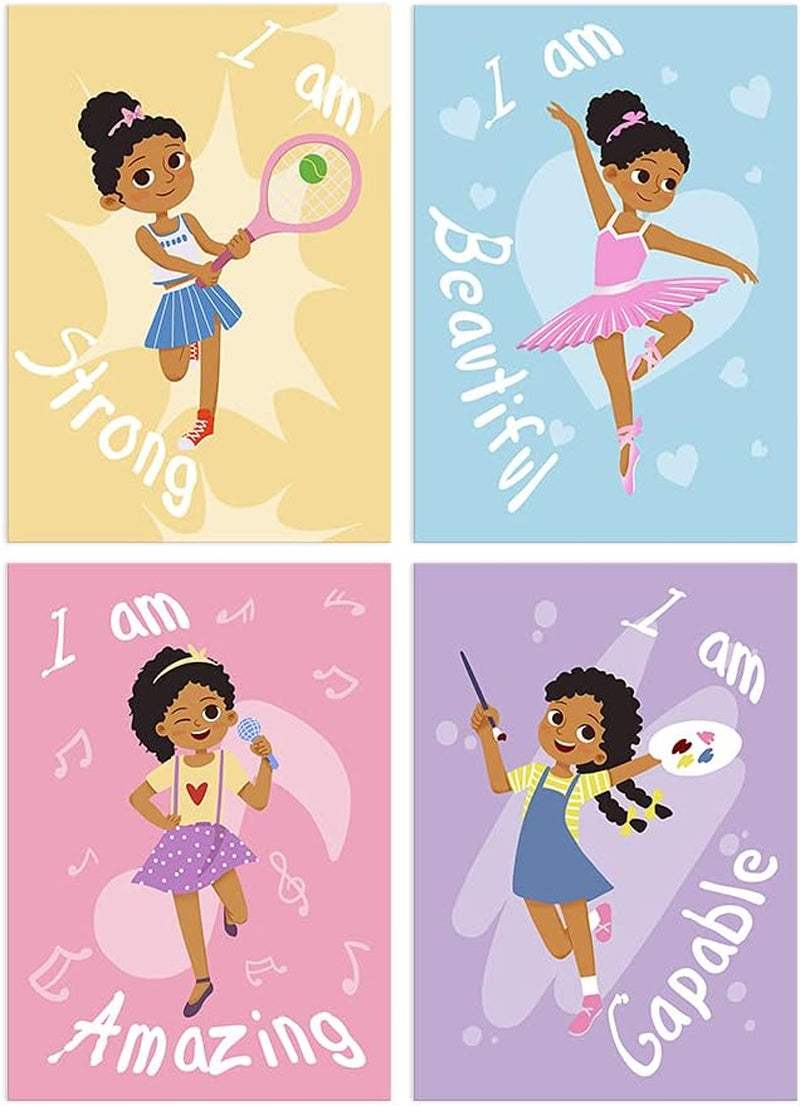 Girls Room Decor Wall Art Motivational Black Girls Room Canvas Prints Set of 4 African Wall Decor Inspirational Words Gift Idea for Little Girls African American Artwork Framed Ready to Hang 8X12