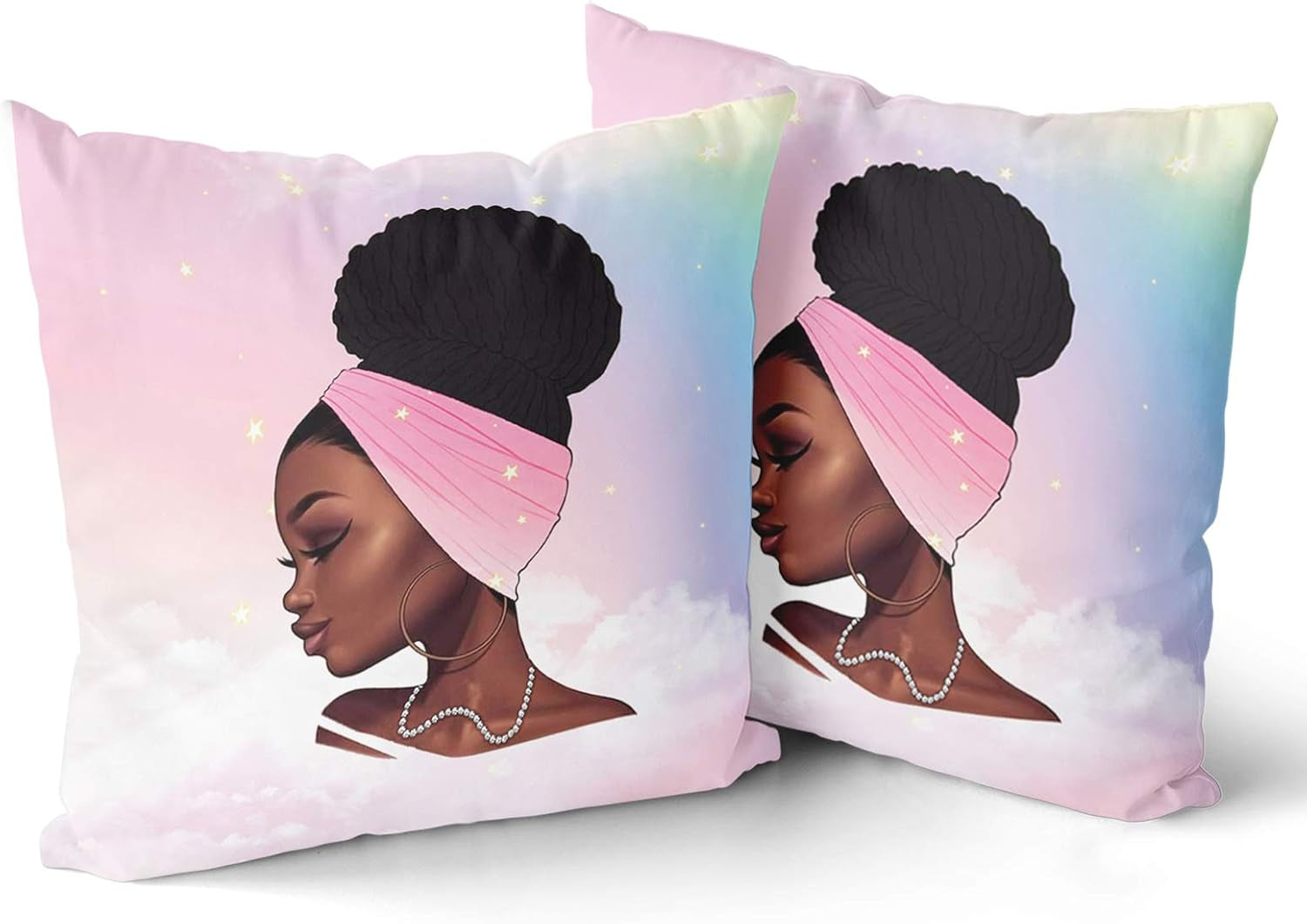 2 African Girl Theme Print Square Throw Pillow Covers Cotton Home Decorative Cushion Case for Bed Office Car 18 X 18 Inches, Black Art African American Traditional Women