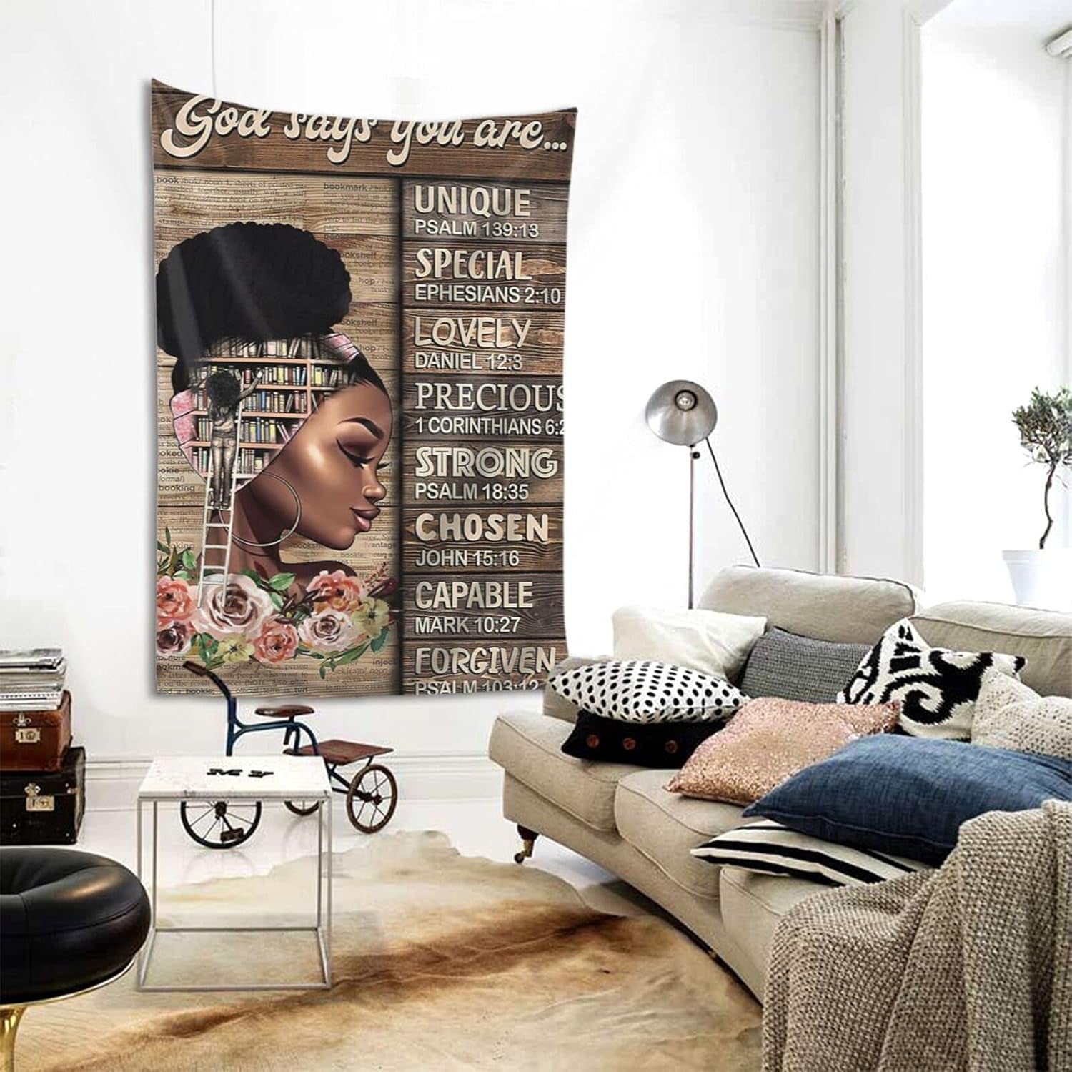 African American Tapestry Queen Black Girl Motivational African Art Afro Women with Inspirational Quote Tapestries Wall Art for Hippie Bedroom Living Room Dorm Decor 60X40Inch