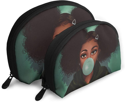 Black Girl 2 Pcs Cosmetic Bags Travel Makeup Bag Portable Clutch Pouch Set African American Art Women Handbag with Zipper Shell Toiletry Storage for Women Waterproof