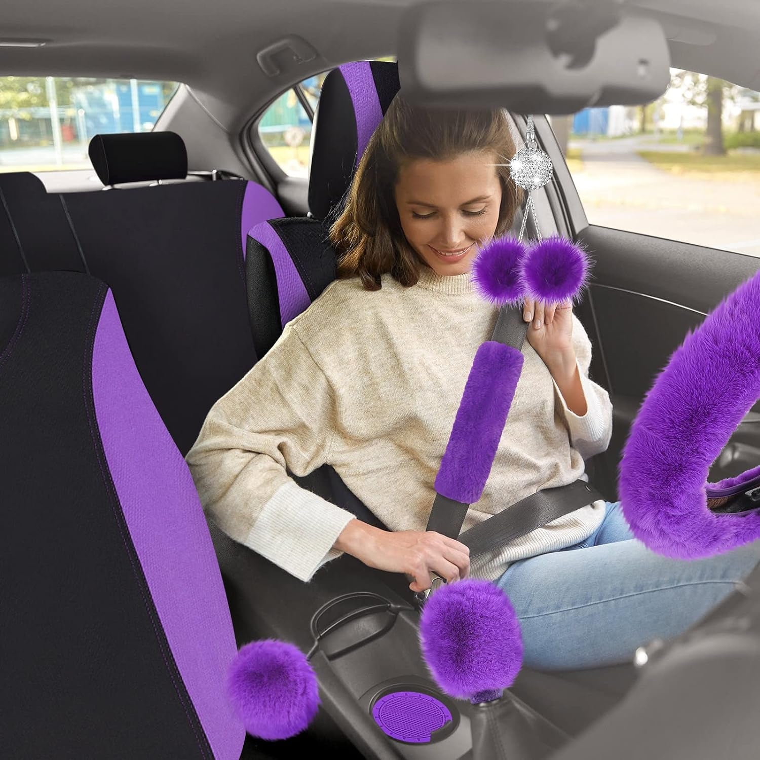 47 Car Seat Cover Full Set for Women Included Car Front Rear Seat Fluffy Steering Wheel Cover Belt Automotive Floor Mats Air Conditioner Decoration Strip Universal(Purple Black)