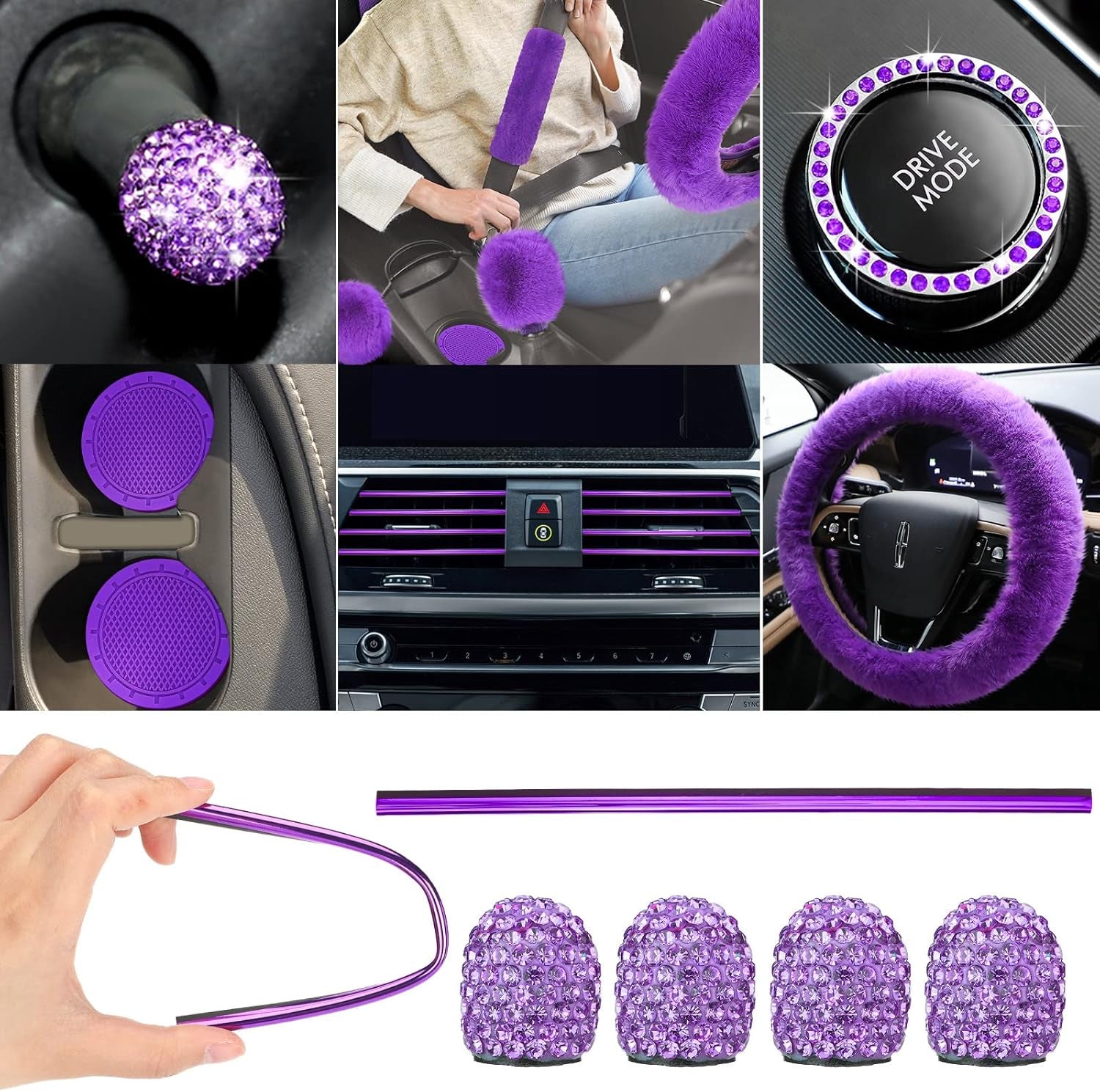 47 Car Seat Cover Full Set for Women Included Car Front Rear Seat Fluffy Steering Wheel Cover Belt Automotive Floor Mats Air Conditioner Decoration Strip Universal(Purple Black)