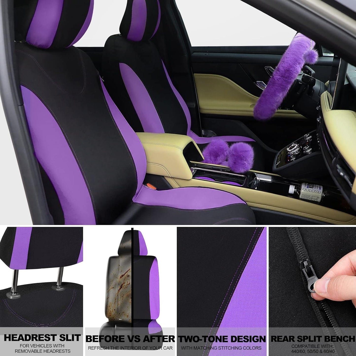 47 Car Seat Cover Full Set for Women Included Car Front Rear Seat Fluffy Steering Wheel Cover Belt Automotive Floor Mats Air Conditioner Decoration Strip Universal(Purple Black)