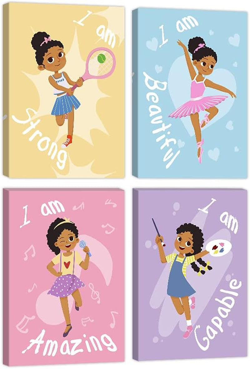 Girls Room Decor Wall Art Motivational Black Girls Room Canvas Prints Set of 4 African Wall Decor Inspirational Words Gift Idea for Little Girls African American Artwork Framed Ready to Hang 8X12