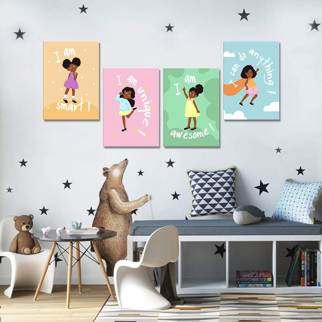 Girls Room Decor Wall Art Decoration for Girls Bedroom Motivational Black Girl Canvas Prints African American Canvas Art with Inspirational Words Gift Idea for Little Girls Framed Canvas Set of 4