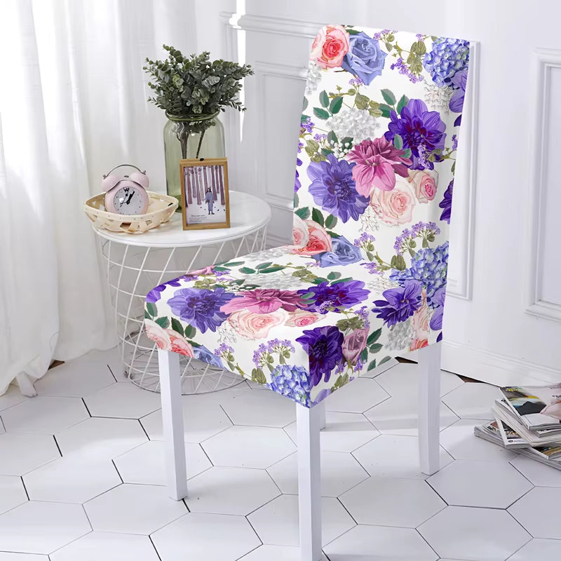 Stretch Chair Cover for Kitchen Chairs Protector Beautiful Purple Flowers Washable Elastic Armless Seat Covers Universal Sizes