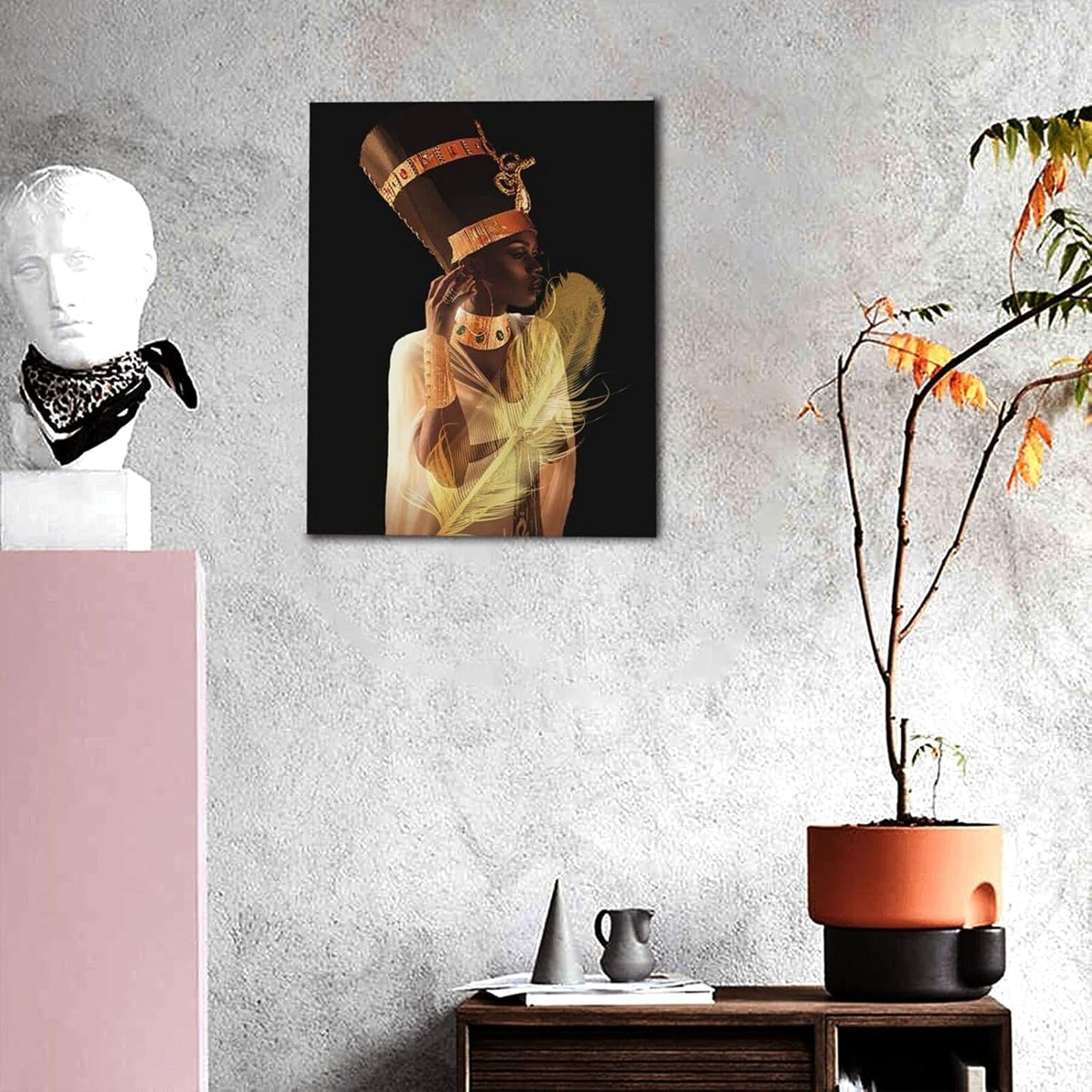 African American Wall Art, Canvas Painting Black and Golden Woman Portrait Abstract Gold Earrings Necklace Poster Artwork Modern Home Decorations Framed, 16X20Inch