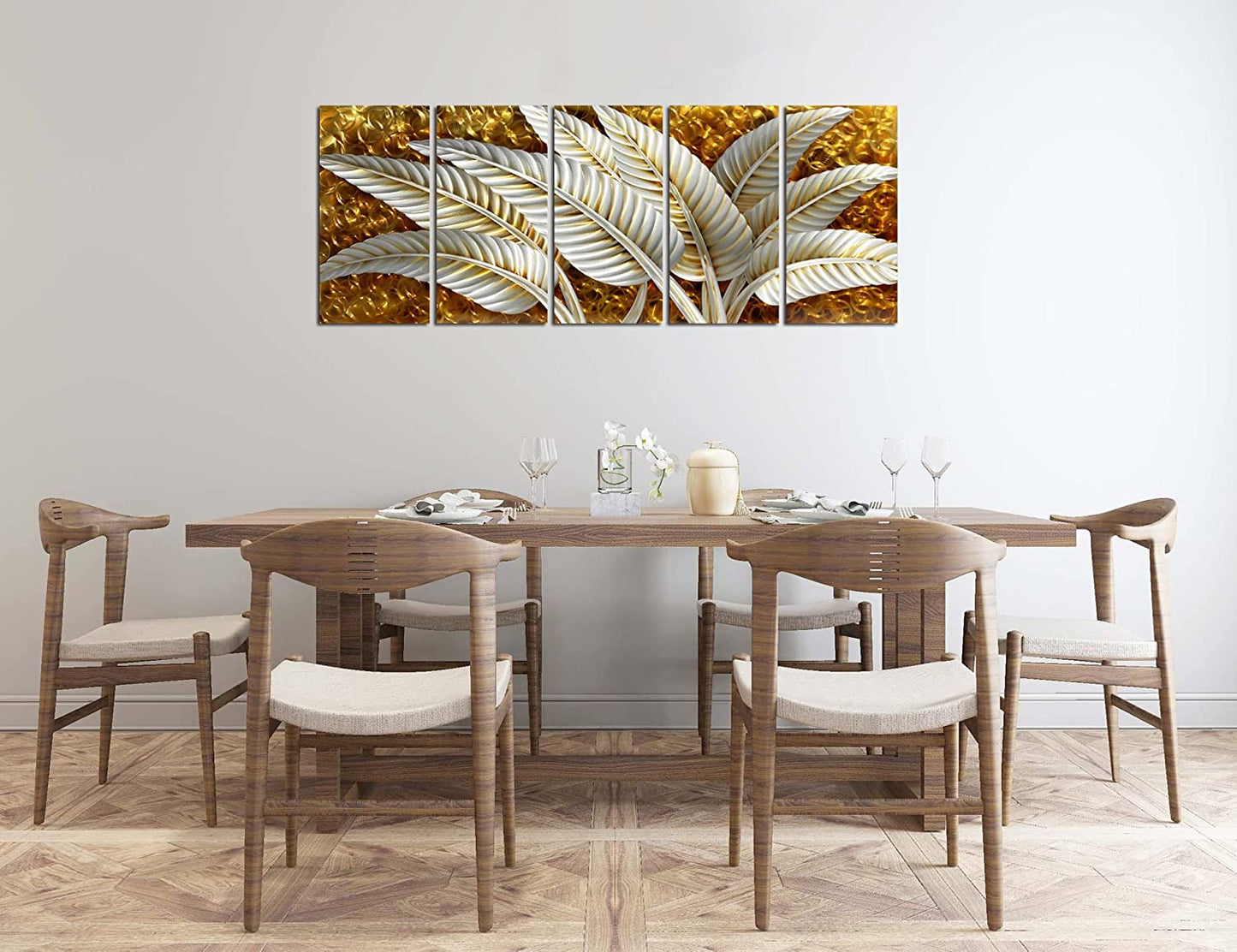 Silver Banana Leaves Metal Wall Art Decor Rustic Golden Aluminium Artwork Sculpture 5-Panel Hand Polished Decorative Hangings for Livingroom Bedroom