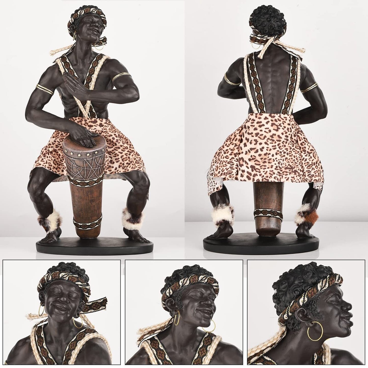 14.9"H Large African Art Figurines, African Warrior Figurine Beat a Drum, Res...