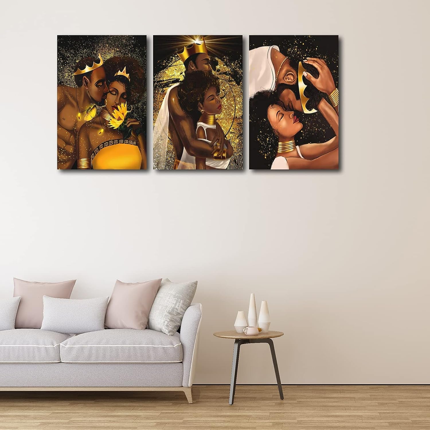 African American Wall Art-Black King and Queen Canvas Wall Art, Crown Black Couple Portrait Painting Gift for Bedroom Decor, Set of 3 King & Queen Love Artwork Framed for Home Wall Decor (36” Wx18” H)