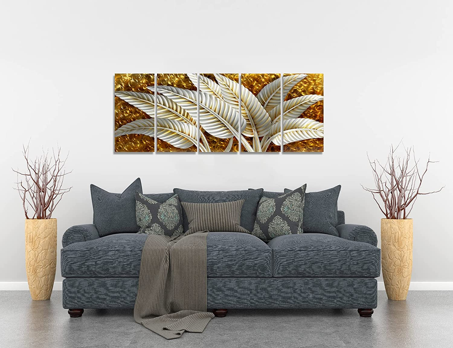 Silver Banana Leaves Metal Wall Art Decor Rustic Golden Aluminium Artwork Sculpture 5-Panel Hand Polished Decorative Hangings for Livingroom Bedroom