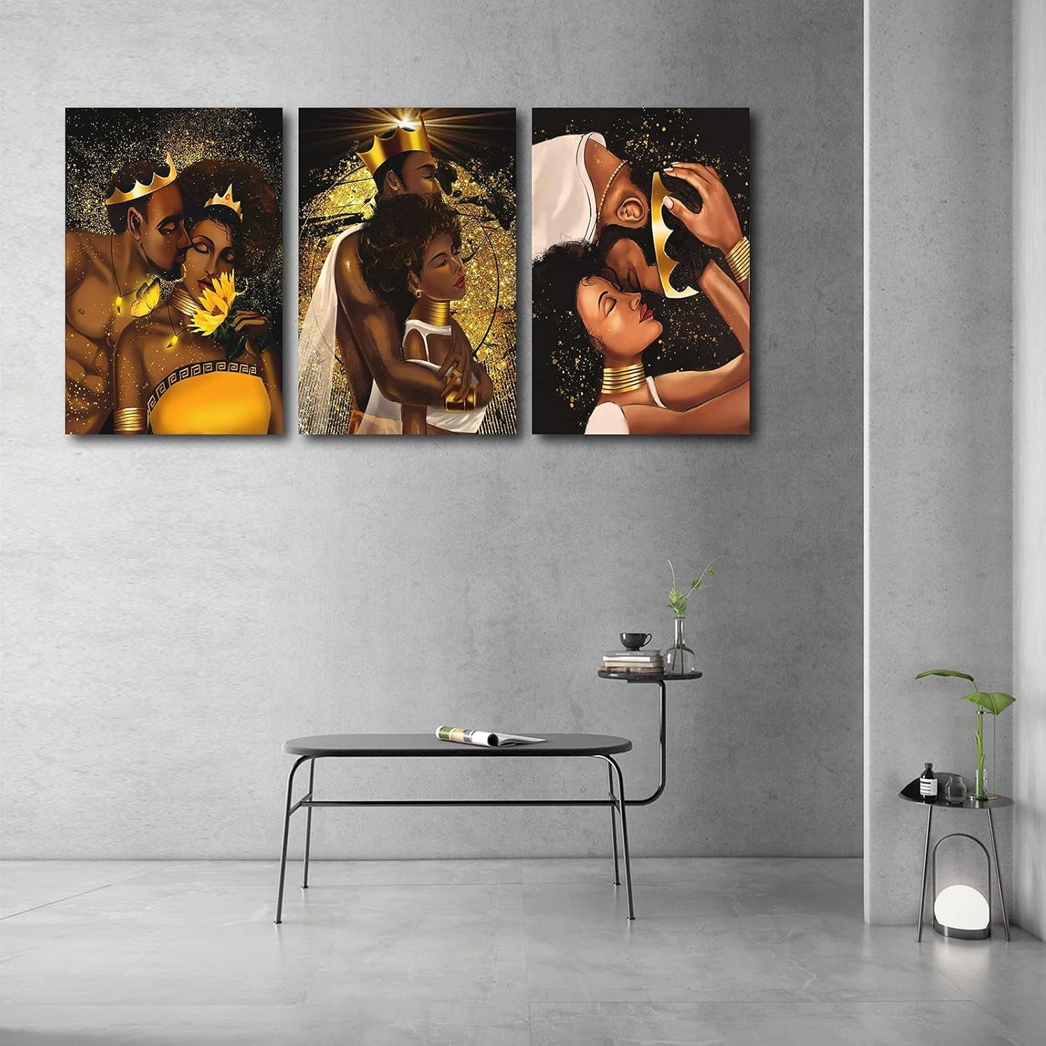 African American Wall Art-Black King and Queen Canvas Wall Art, Crown Black Couple Portrait Painting Gift for Bedroom Decor, Set of 3 King & Queen Love Artwork Framed for Home Wall Decor (36” Wx18” H)