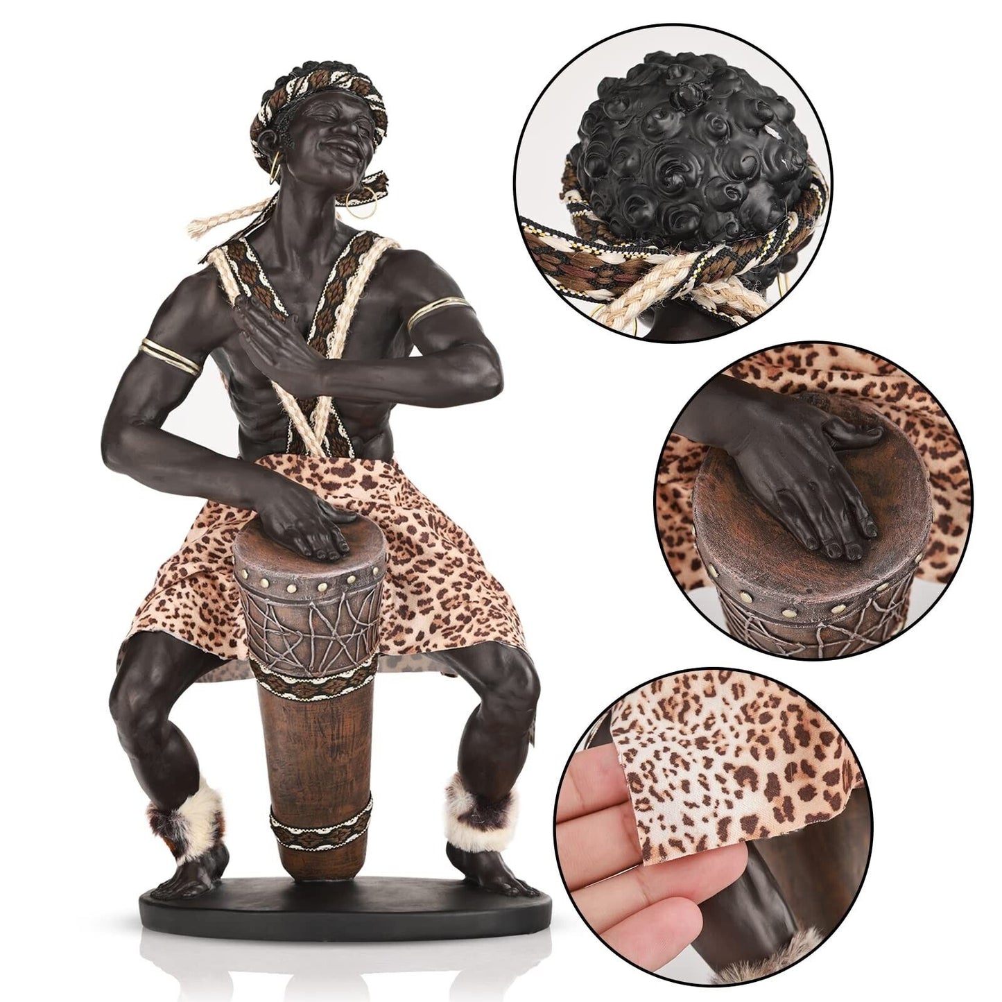 14.9"H Large African Art Figurines, African Warrior Figurine Beat a Drum, Res...