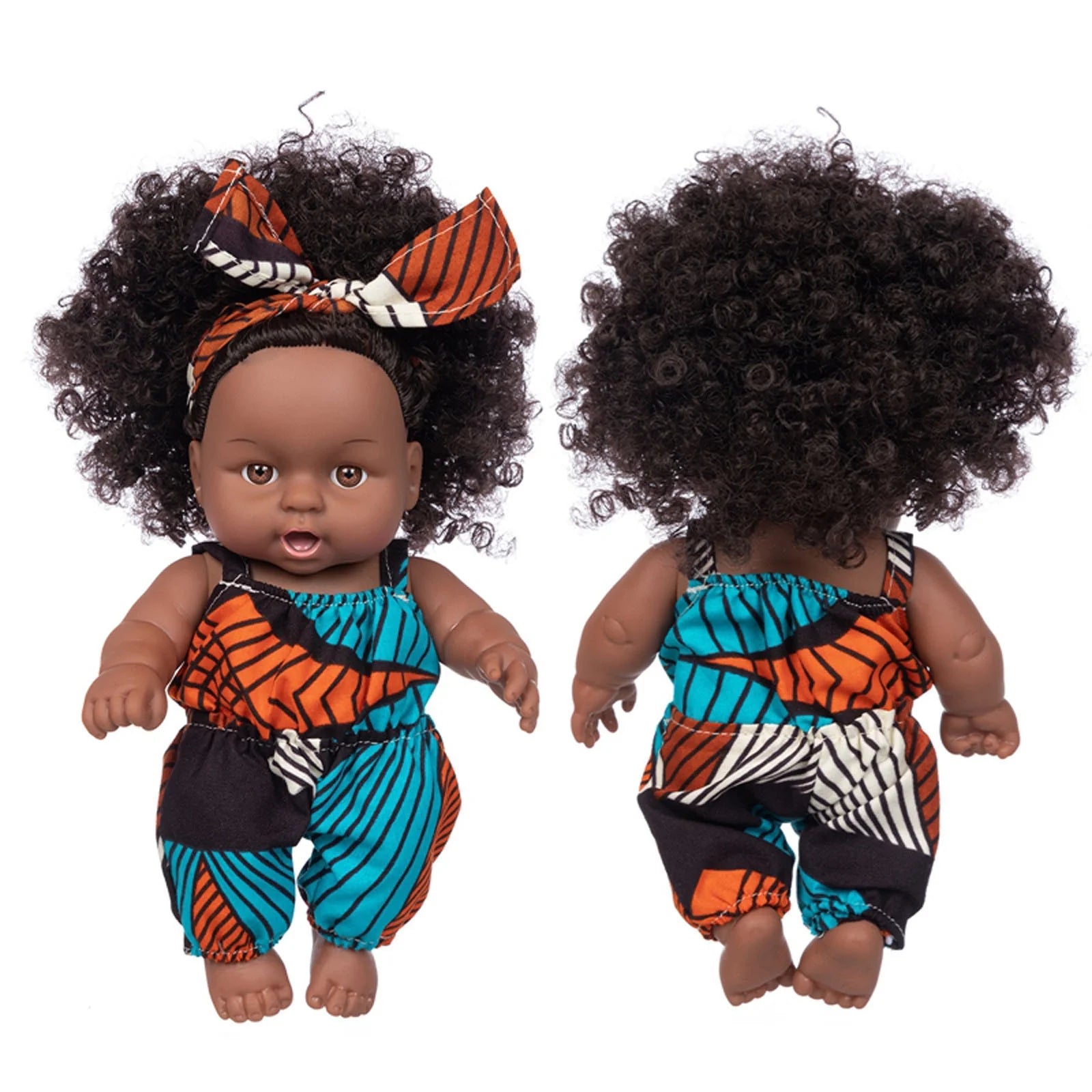 8 Inch Black Baby Doll and Clothes Set African-American Washable Realistic Silicone Baby Dolls with Cute Jumpsuit and Hairband for Kids Girls