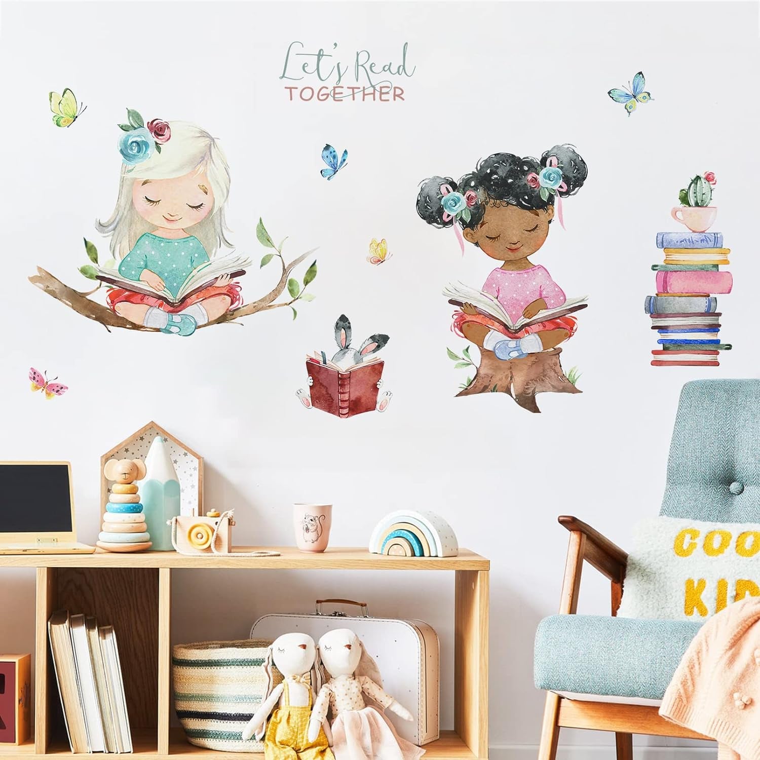 Let S Read Girls Bedroom Wall Decals Stickers, Reading Theme Study Room Nursery Classroom Decor, Butterfly Book Bunny Decorations Kids Playroom Preschool Daycare Art Gift