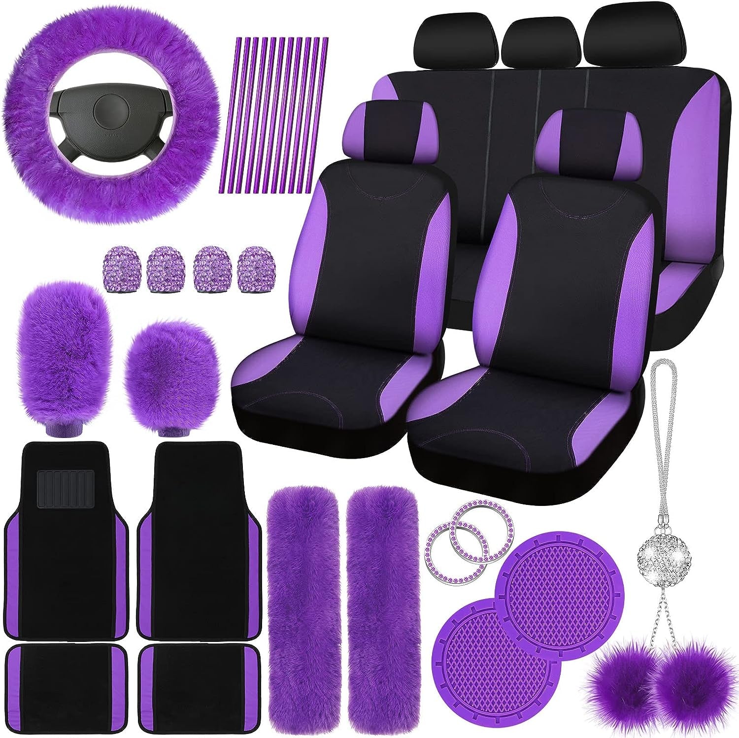 47 Car Seat Cover Full Set for Women Included Car Front Rear Seat Fluffy Steering Wheel Cover Belt Automotive Floor Mats Air Conditioner Decoration Strip Universal(Purple Black)