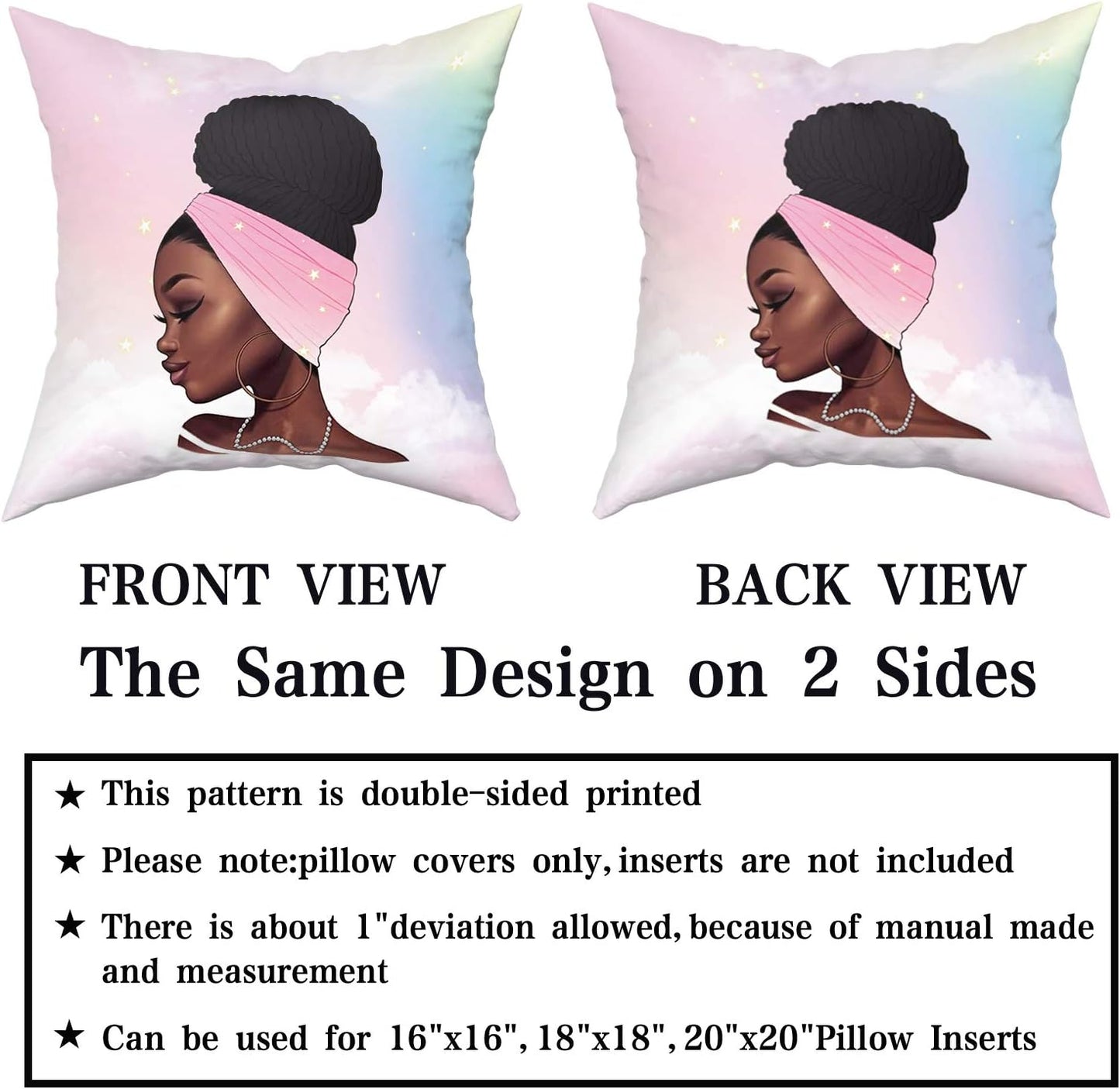 2 African Girl Theme Print Square Throw Pillow Covers Cotton Home Decorative Cushion Case for Bed Office Car 18 X 18 Inches, Black Art African American Traditional Women