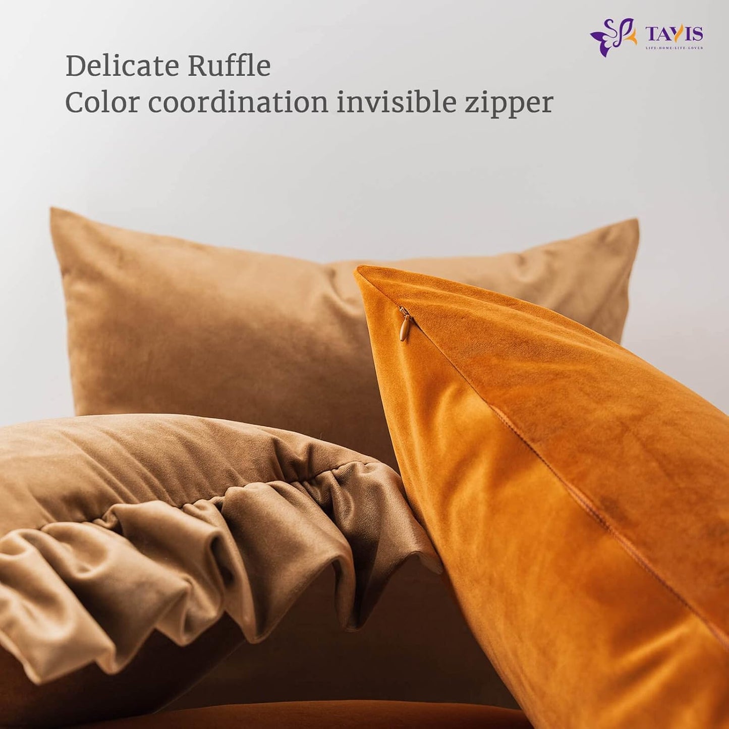 Brown Pillow Covers 18X18,Set of 4 Decorative Ruffle Lumbar Camel Pillow Case and Square Cushion Case for Sofa Couch Living Room Bedroom (12"X20"&18"X18")