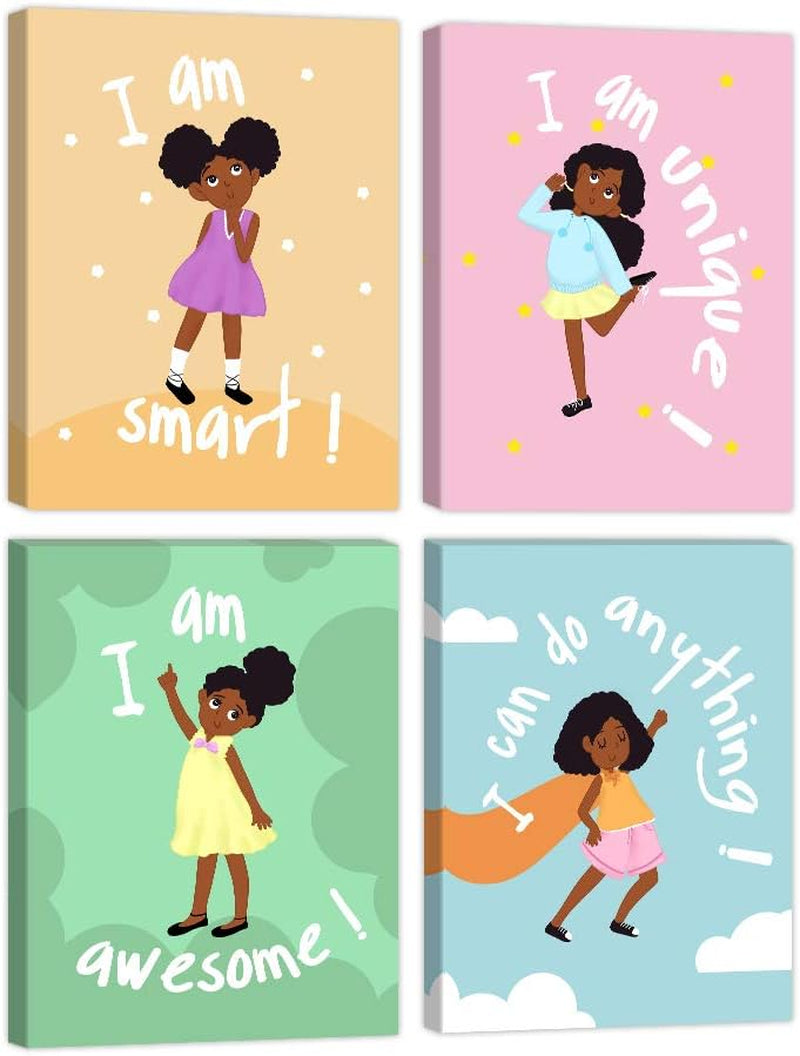 Girls Room Decor Wall Art Decoration for Girls Bedroom Motivational Black Girl Canvas Prints African American Canvas Art with Inspirational Words Gift Idea for Little Girls Framed Canvas Set of 4