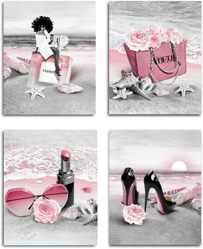 African American Wall Art Black Girl on the Beach Pink Flowers, Perfume Handbags High Heels Modern Black and White Canvas Prints Framed Wall Decor for Girls Bedroom, Set of 4. 8X10In UNFRAMED