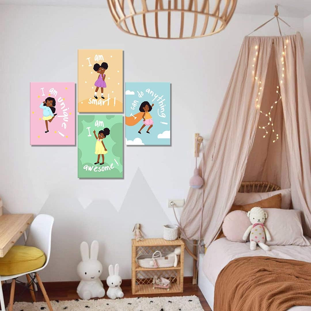 Girls Room Decor Wall Art Decoration for Girls Bedroom Motivational Black Girl Canvas Prints African American Canvas Art with Inspirational Words Gift Idea for Little Girls Framed Canvas Set of 4