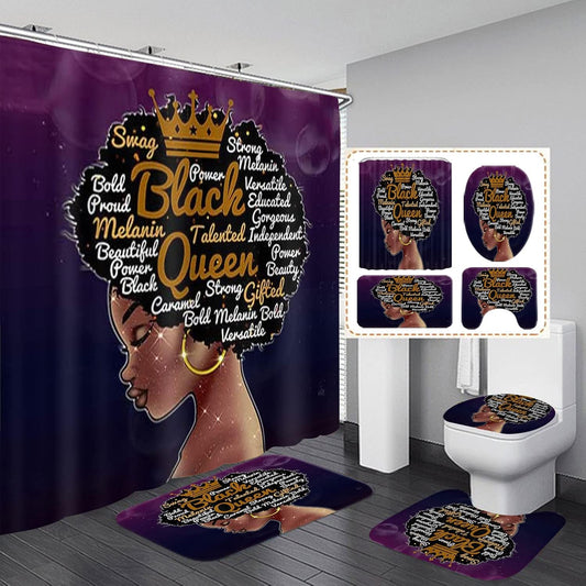 Black Queen Shower Curtain Sets with Rugs for Bathroom Durable African American Waterproof Curtains and Hooks Girl Bath Curtian Toilet Lid Cover Mat