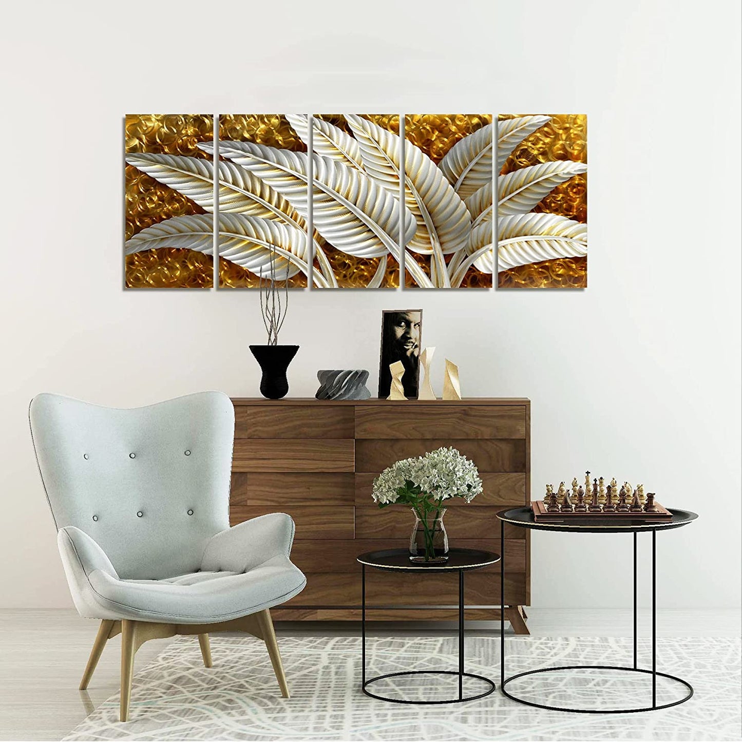 Silver Banana Leaves Metal Wall Art Decor Rustic Golden Aluminium Artwork Sculpture 5-Panel Hand Polished Decorative Hangings for Livingroom Bedroom