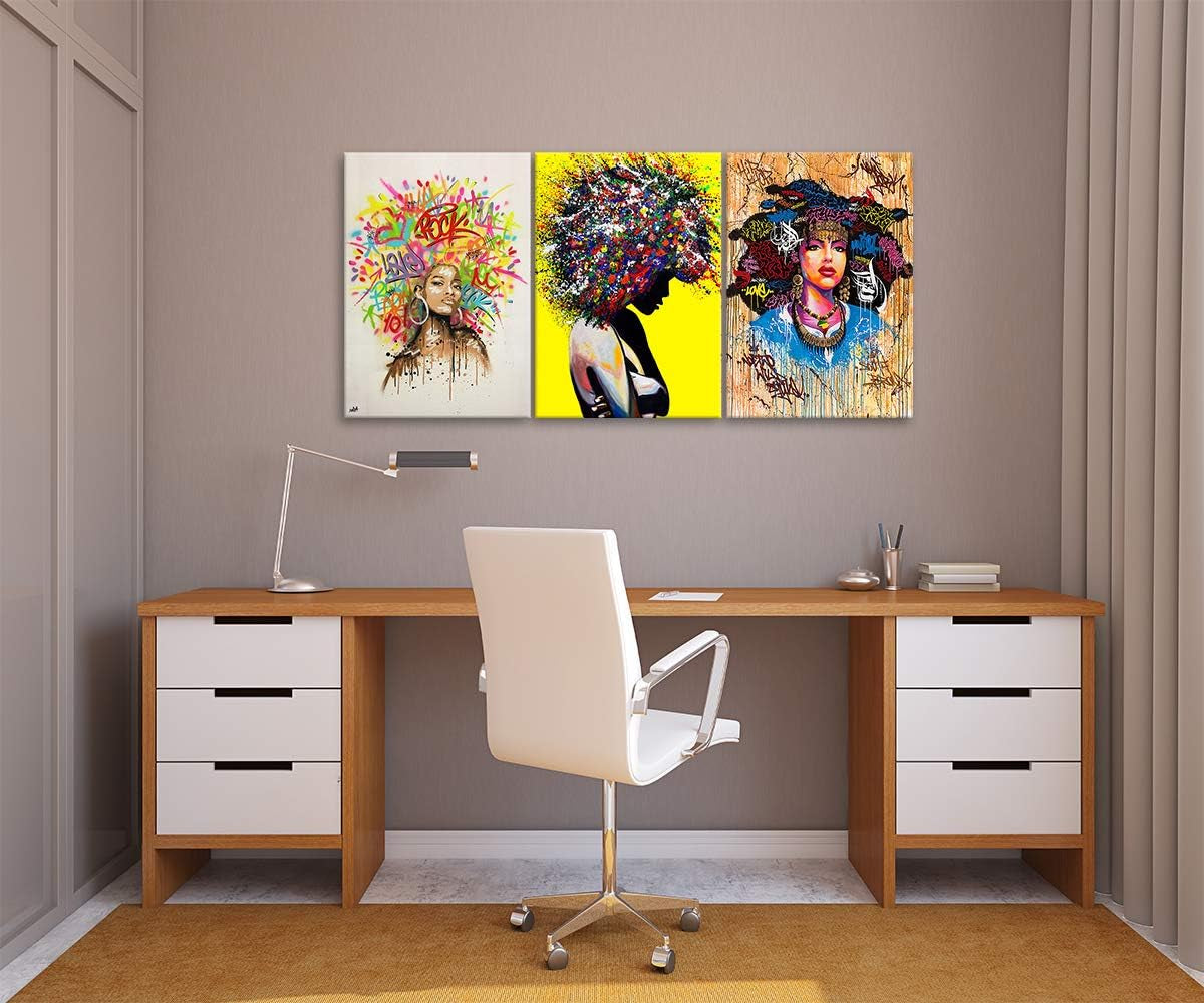 Graffiti African American Girl Wall Art - 3 Piece Black Queen Canvas Print for Wall, Black Woman Girl Framed Artwork for Bedroom Living Room Decor Ready to Hang 12X24 Inches X 3Panel