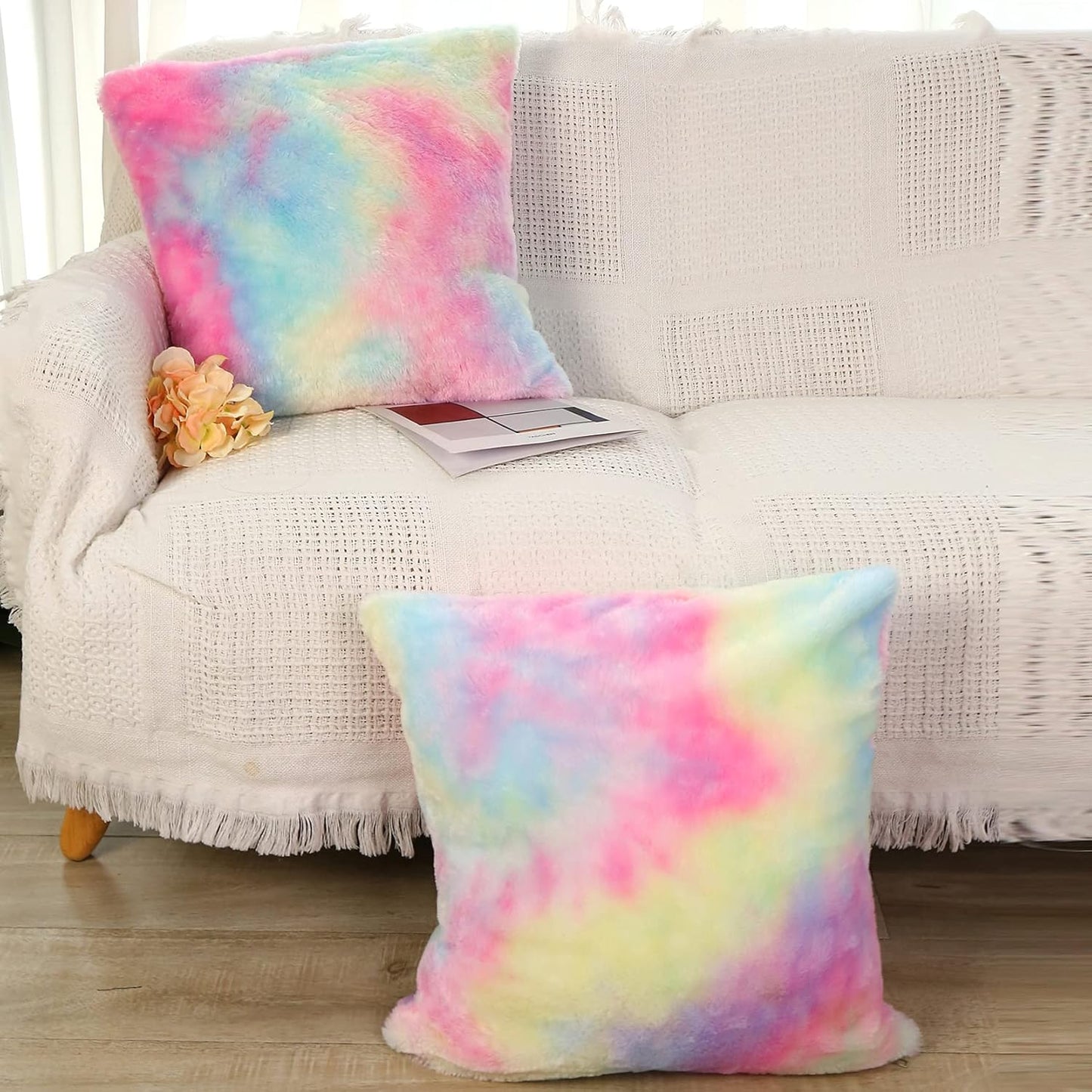 Fluffy Throw Pillow Covers Pack of 2 Cute Decorative Pillows Pattern Cushion Case Super Soft Faux Fur Wool Pillowcases for Couch Bedroom 18"*18"