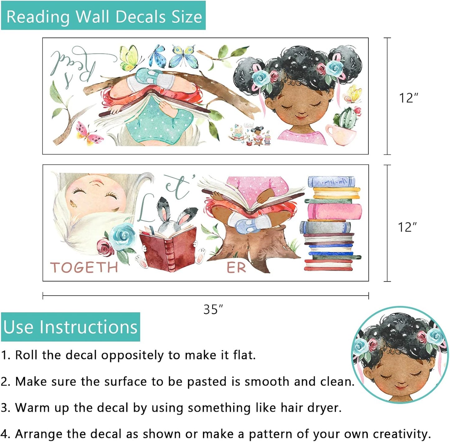 Let S Read Girls Bedroom Wall Decals Stickers, Reading Theme Study Room Nursery Classroom Decor, Butterfly Book Bunny Decorations Kids Playroom Preschool Daycare Art Gift